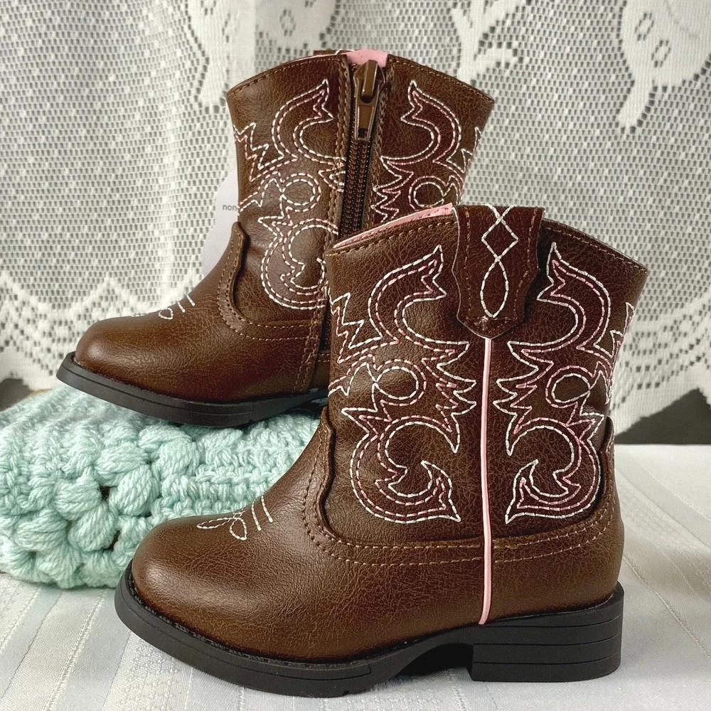 NWT Baby Girl Sz 5 Western Cowgirl Boots Pink Embroidered Stitching Faux Leather
